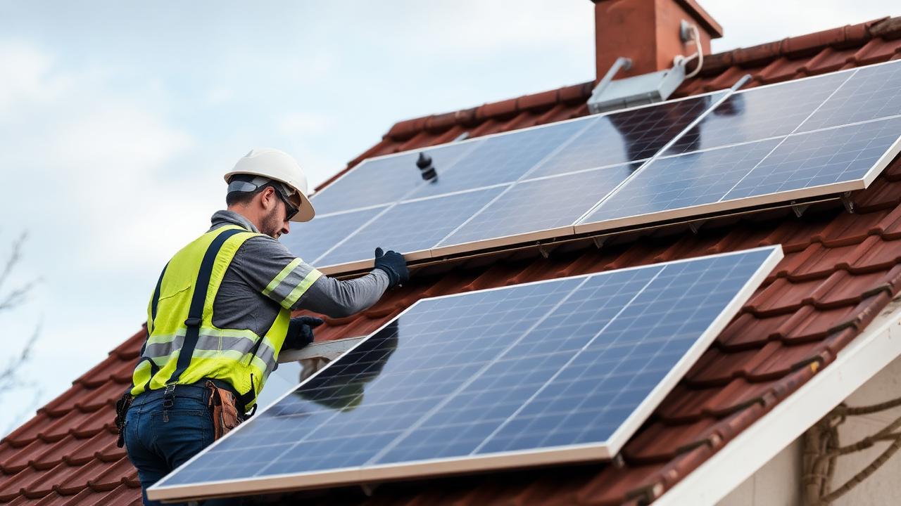 Installateur RGE en train de poser des panneaux photovoltaïques à Buzançais